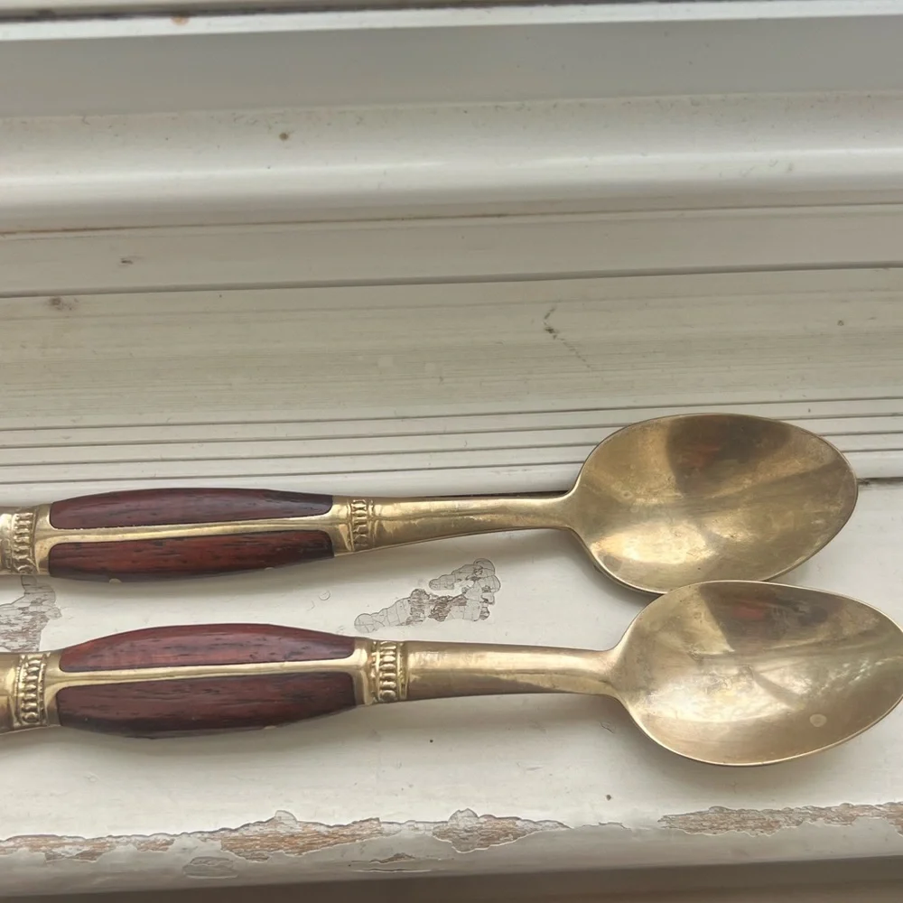 VTG Brass Rosewood Inlay Demitasse Spoons (x2) Stamped Thailand